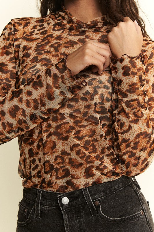 Animal Print Mesh Mock Neck Top