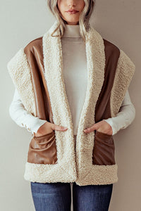Open Front Sherpa Fleece Faux Leather Vest