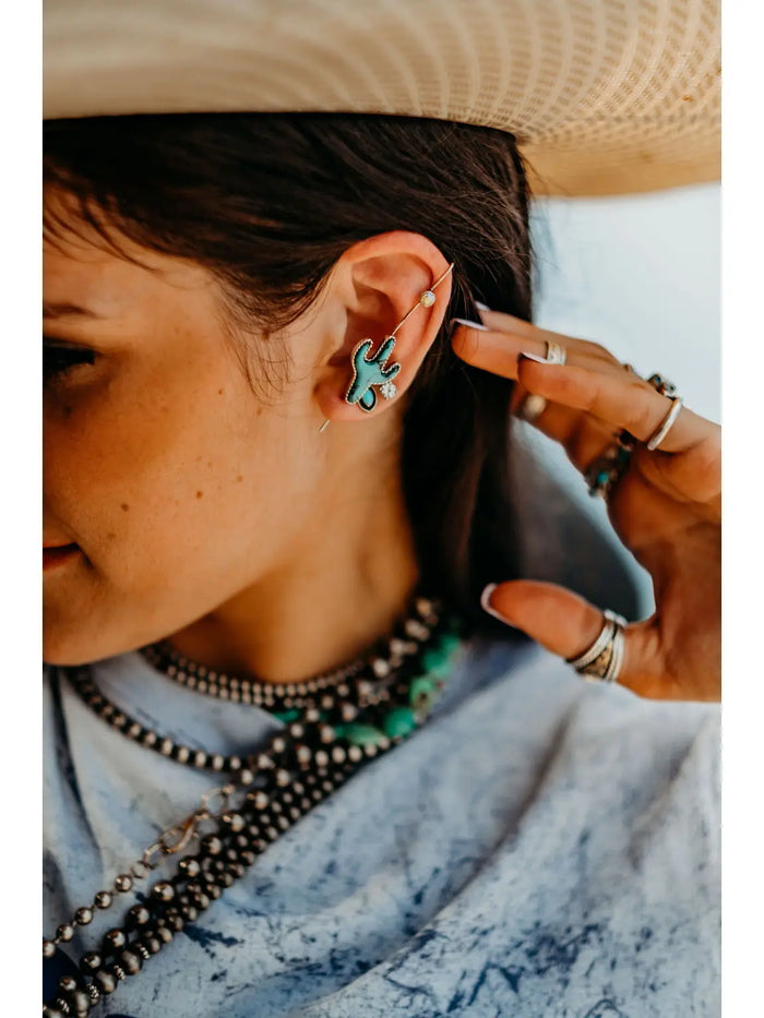 Turquoise Stone Cactus Ear Pin