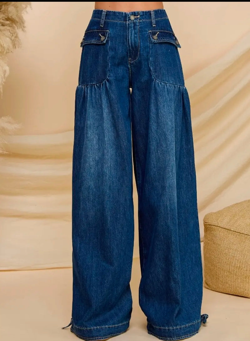 Ankle Drawstring Wide Denim Pants