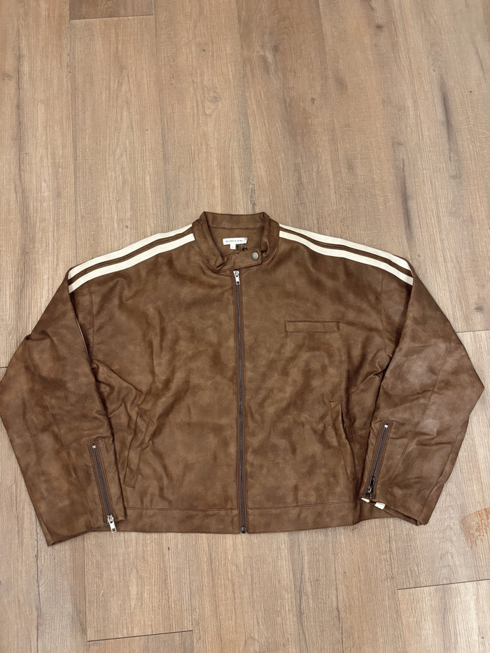 Brown Moto Jacket with Stripe Detail