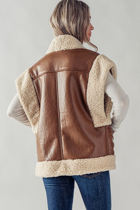 Open Front Sherpa Fleece Faux Leather Vest