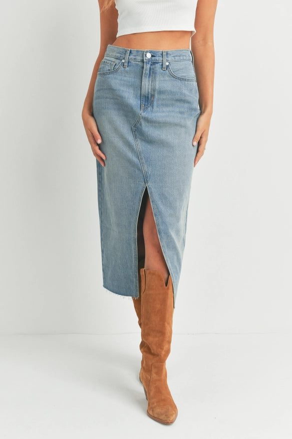 Denim Open Slit Midi Skirt- Brazen – Brazen Boutique